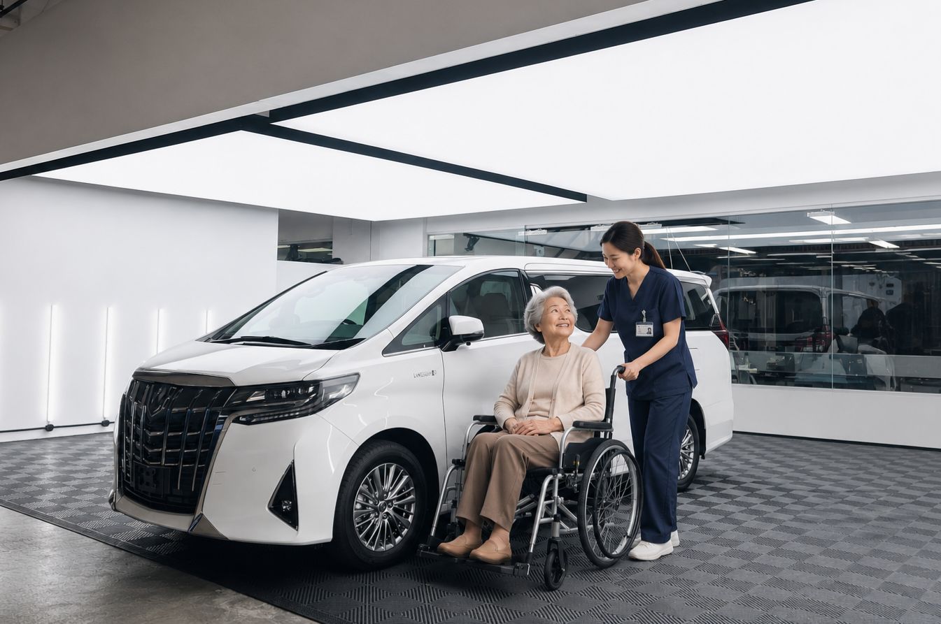 fec6c304-733b-4a7a-a6e9-8d60594ea73c - QA Healthcare Pte Ltd Nurse pushes an elderly woman in a wheelchair toward a white van in a modern clinic garage with a bright, clean backdrop.